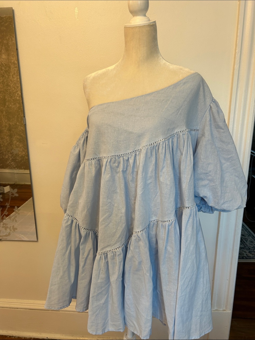 Showpo Pale Blue One-Shoulder Tiered Dress